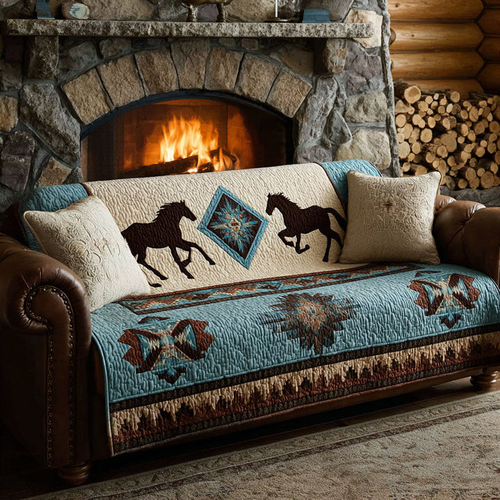 Chevaux et motifs du Sud-Ouest turquoise – Housse de canapé matelassée