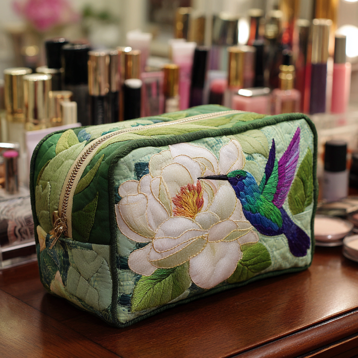 Colibri sur fond vert – Trousse de maquillage matelassée