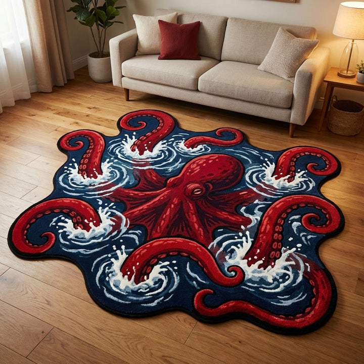 Pieuvre rouge dans les vagues – Tapis de forme originale