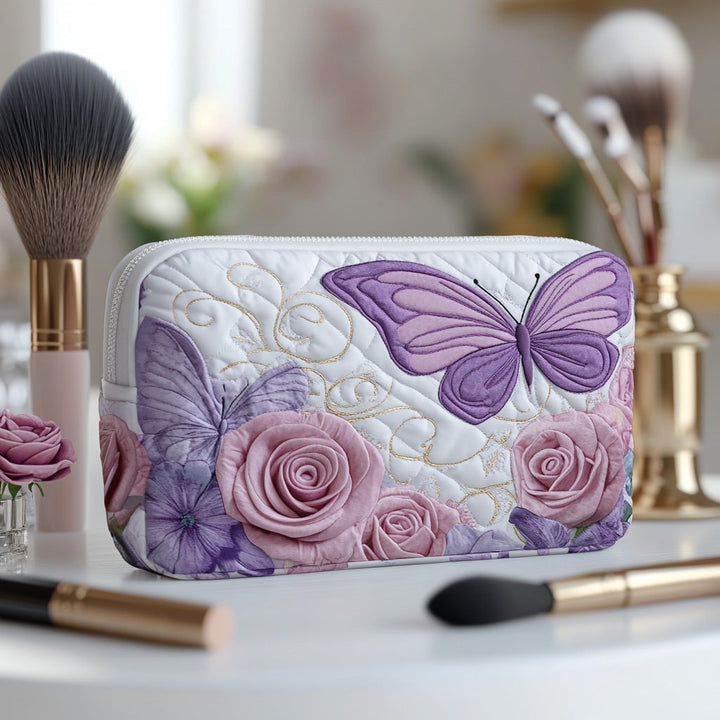 Papillon lavande et roses – Trousse de maquillage matelassée