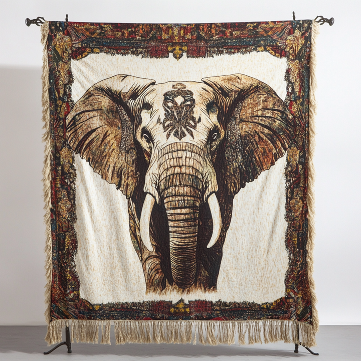 Éléphant majestueux sur fond crème – Jeté de canapé tissé