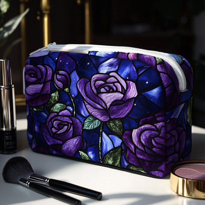 Roses de minuit en vitrail – Trousse de maquillage matelassée