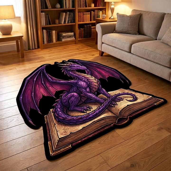 Dragon violet sur un livre ouvert – Tapis de forme originale
