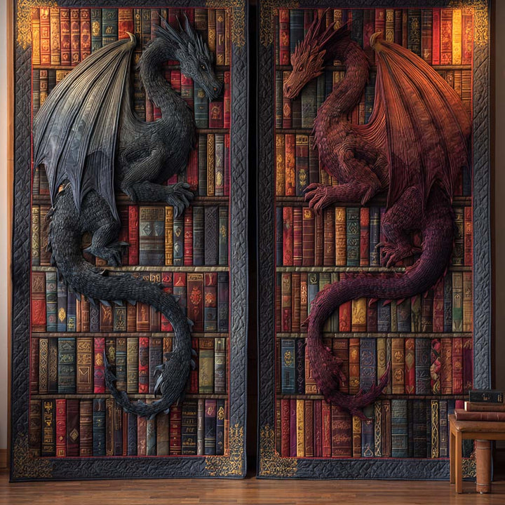 Dragons jumeaux et bibliothèque – Rideaux matelassés