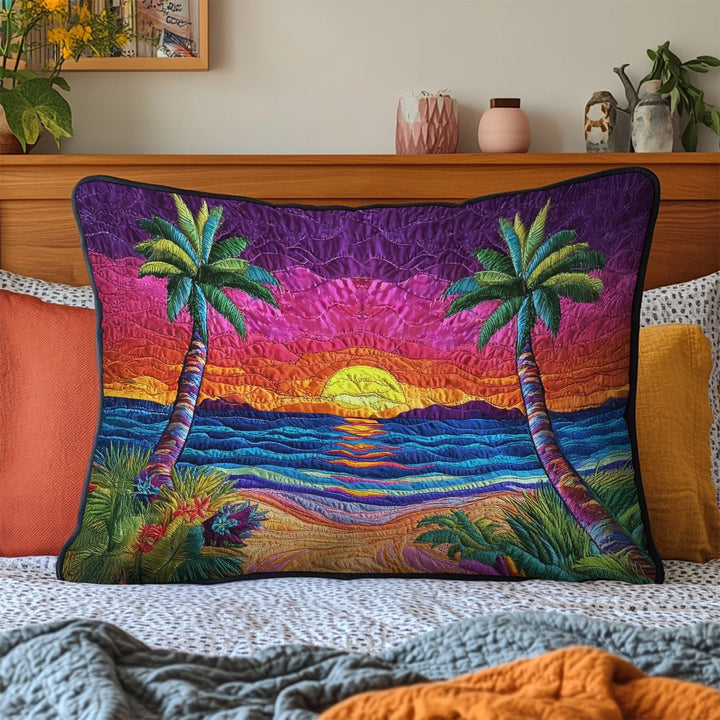 Coucher de soleil rose et palmiers – Taie d’oreiller matelassée