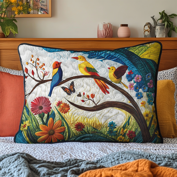 Oiseaux colorés sur une branche – Taie d’oreiller matelassée