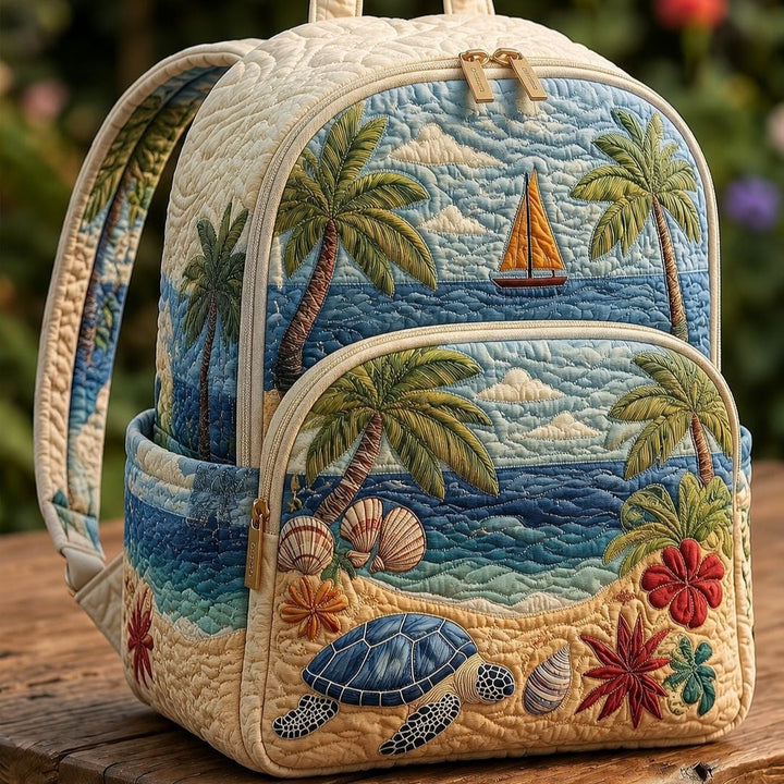 Tortue et plage tropicale – Sac à dos matelassé