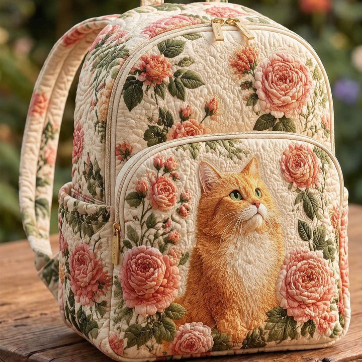 Chat roux et roses – Sac à dos matelassé