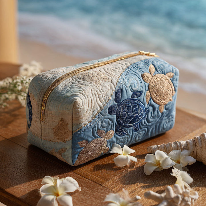 Tortue de mer et sable doré – Trousse de maquillage matelassée