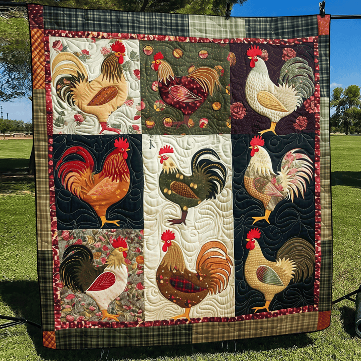 Coqs en patchwork – Tenture murale matelassée