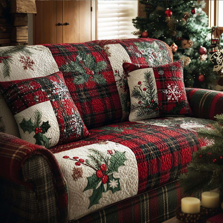 Houx et flocons sur tartan rouge – Housse de canapé matelassée
