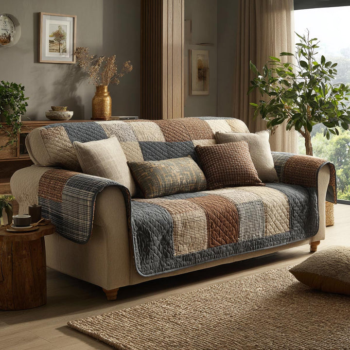 Patchwork bleu et terre cuite – Housse de canapé matelassée