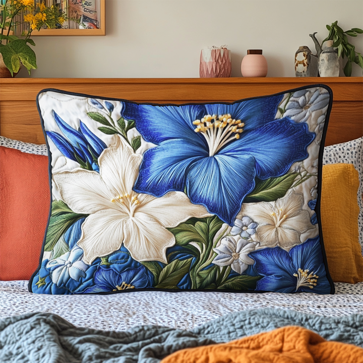 Fleurs bleues et blanches – Taie d’oreiller matelassée