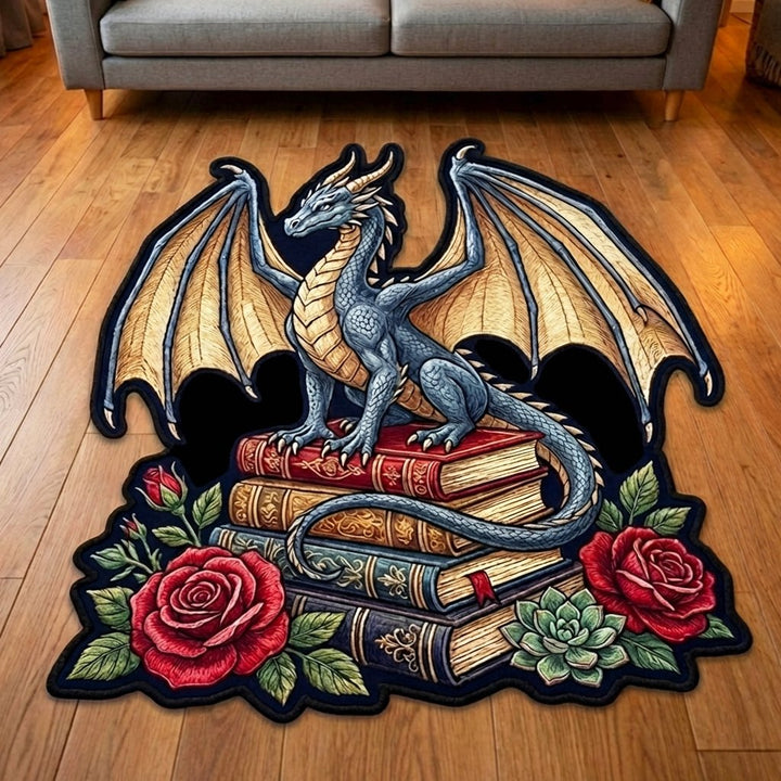 Dragon argenté sur les livres – Tapis de forme originale