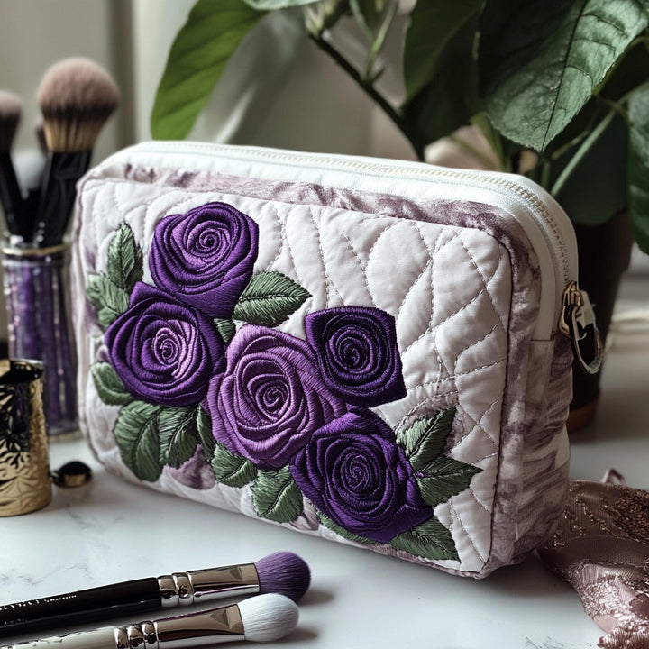 Roses violettes royales – Trousse de maquillage matelassée
