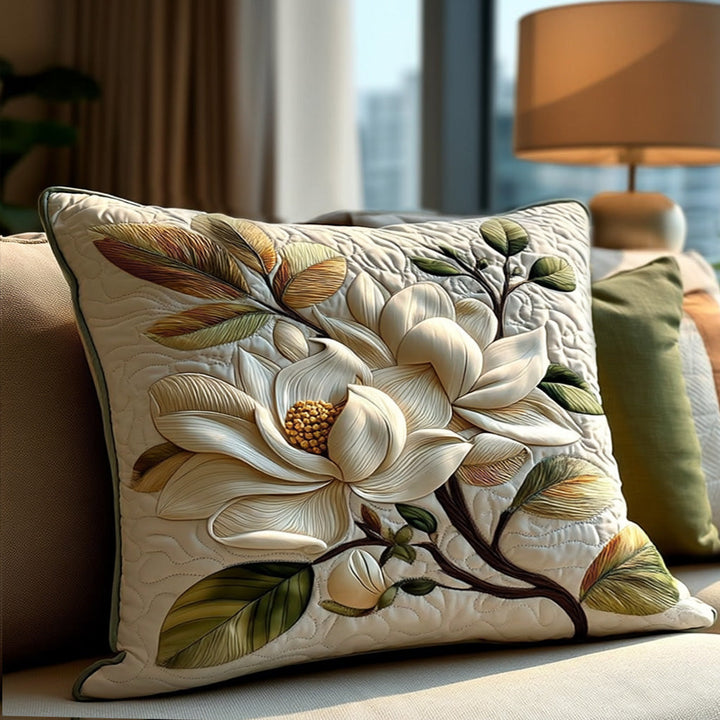 Grand magnolia crème – Taie d’oreiller matelassée