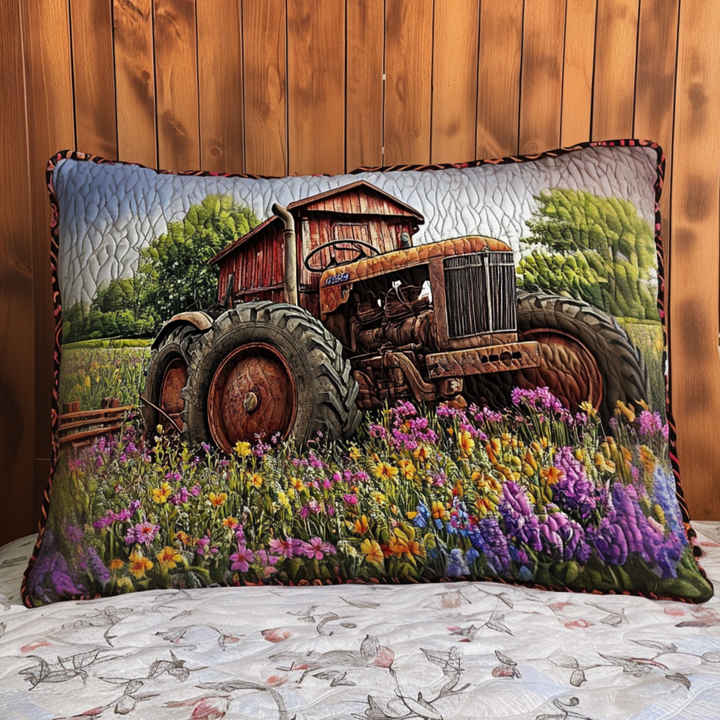 Vieux tracteur dans les fleurs – Taie d’oreiller matelassée