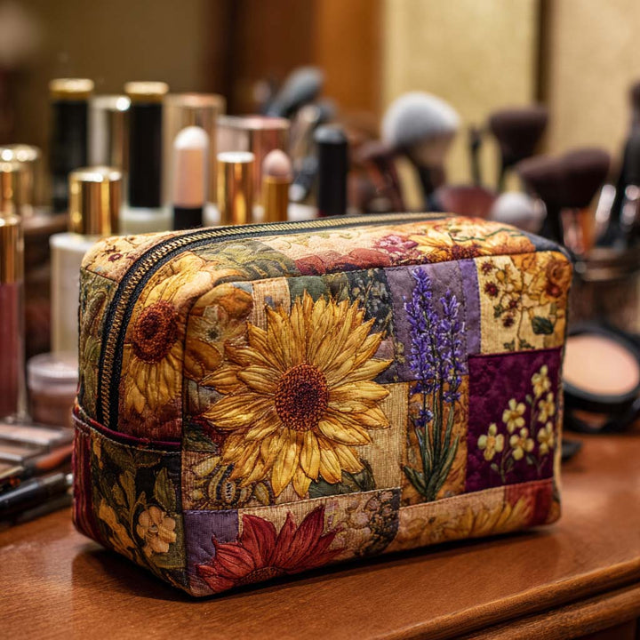 Tournesol en patchwork rustique – Trousse de maquillage matelassée