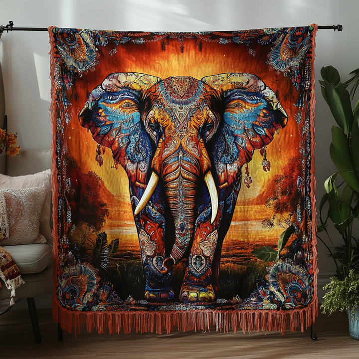 Éléphant sacré au soleil couchant – Jeté de canapé tissé