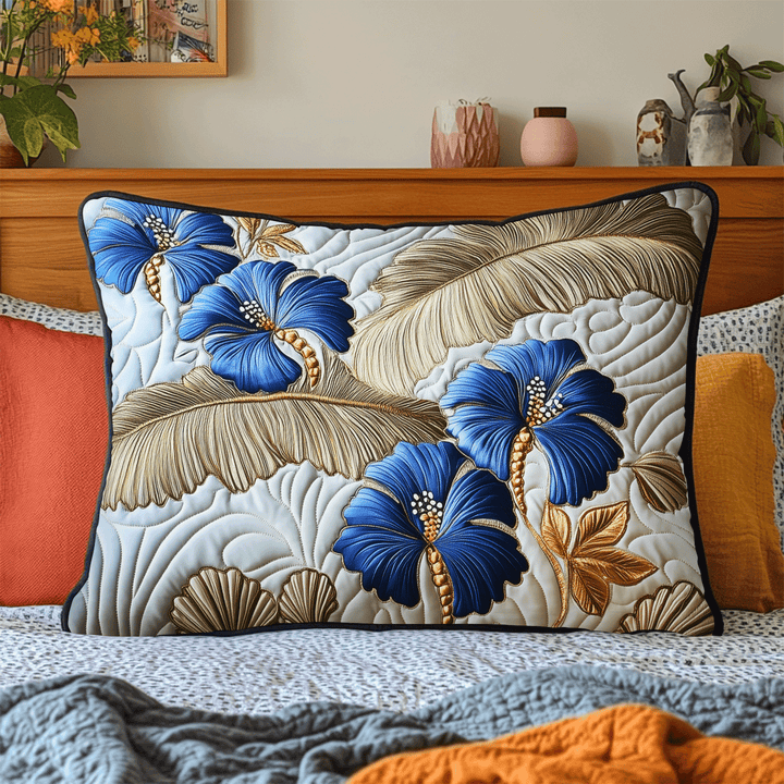 Hibiscus bleus et feuilles dorées – Taie d’oreiller matelassée