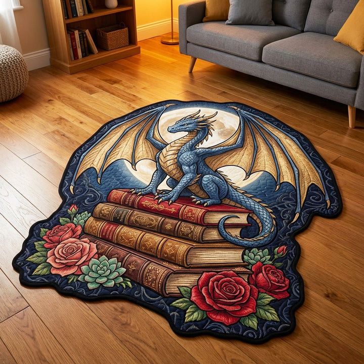 Dragon bleu, livres et roses – Tapis de forme originale