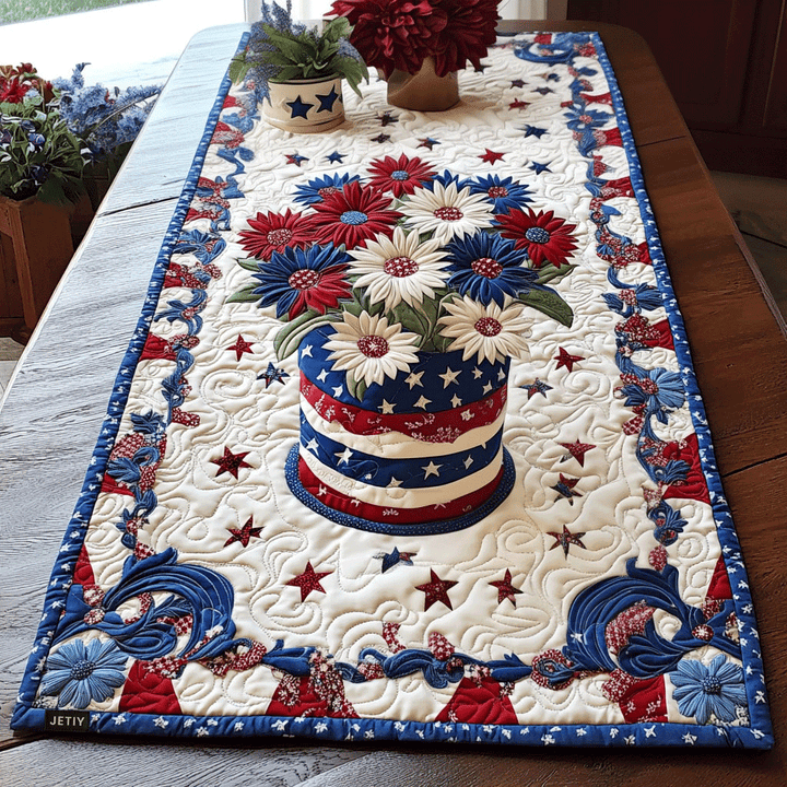 Bouquet étoilé rouge, blanc et bleu – Chemin de table matelassé