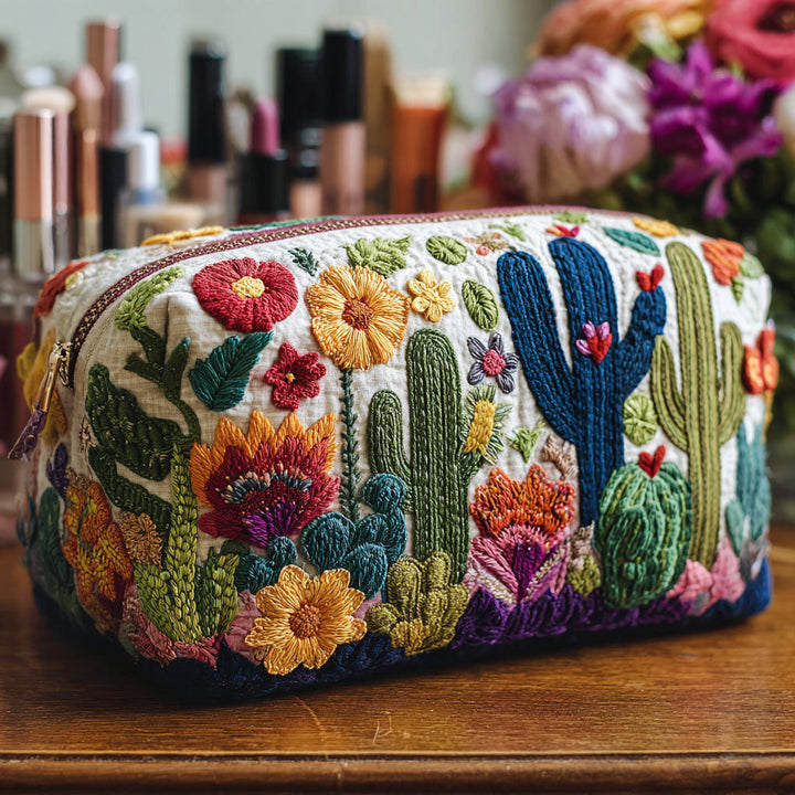 Cactus et fleurs brodés – Trousse de maquillage matelassée