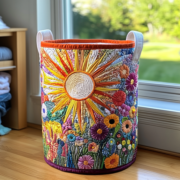 Soleil brodé et fleurs sauvages – Panier à linge matelassé