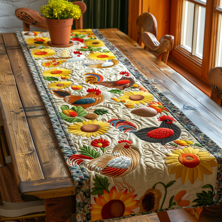 Poules de la ferme ensoleillée – Chemin de table matelassé