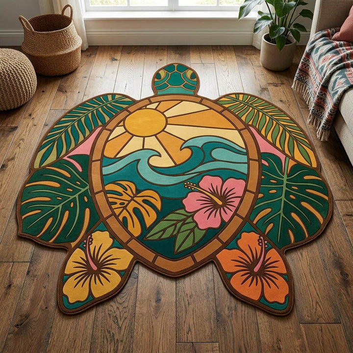 Hibiscus et soleil tropical – Tapis de forme originale