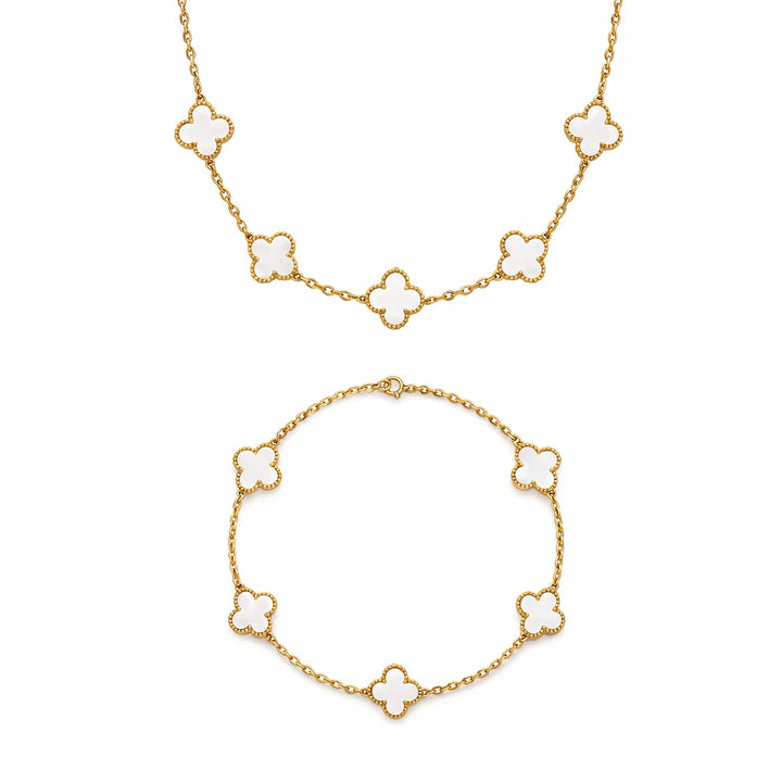 Parure Bracelet + Collier Doré Fleur Blanc