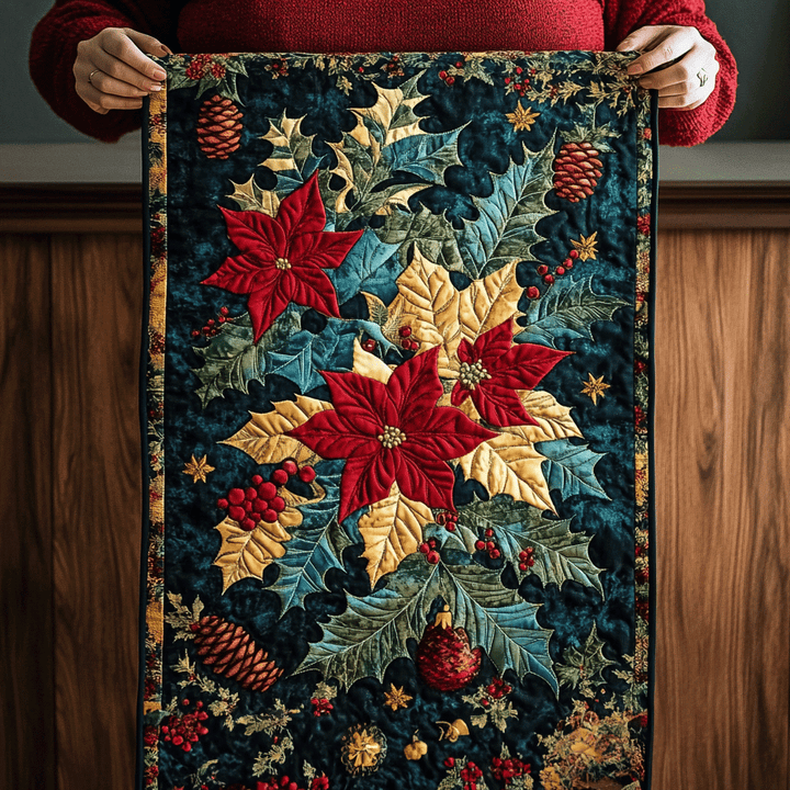 Poinsettias rouges et dorés – Chemin de table matelassé