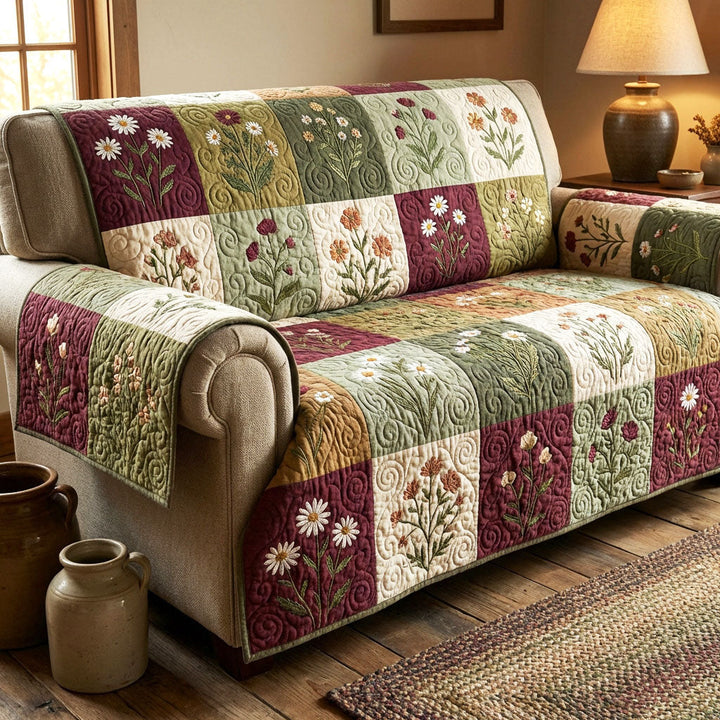 Fleurs brodées prune et sauge – Housse de canapé matelassée