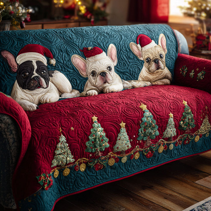 Bouledogues français en tuques de Noël – Housse de canapé matelassée