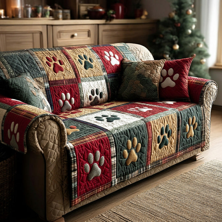 Pattes en patchwork rouge, vert et moutarde – Housse de canapé matelassée
