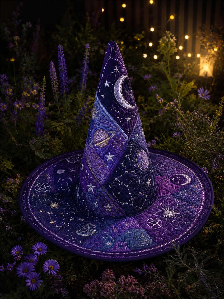 Ciel cosmique violet – Chapeau de sorcière matelassé décoratif