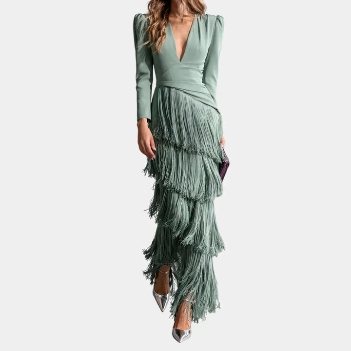 Eulalie | Robe midi élégante avec des manches à franges