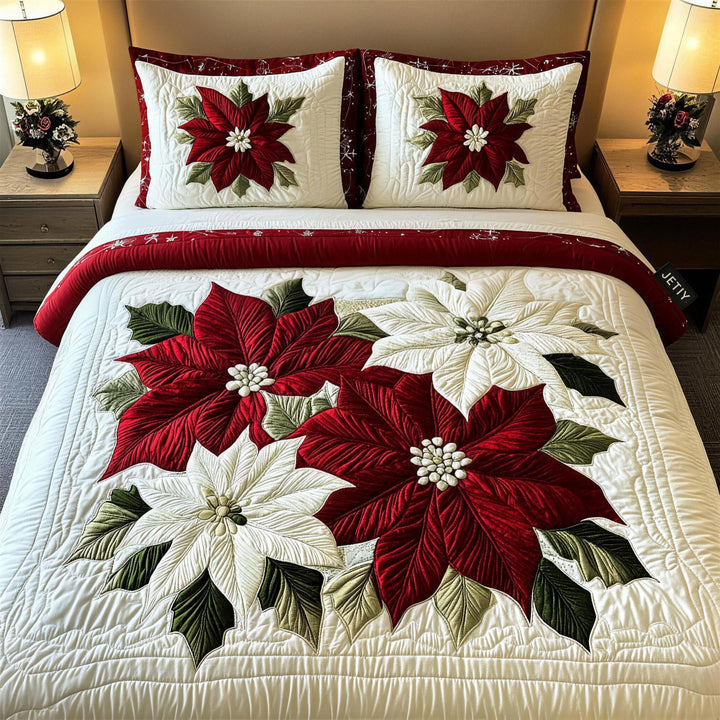 Magie des poinsettias d’hiver – Ensemble de literie matelassé 3 pièces