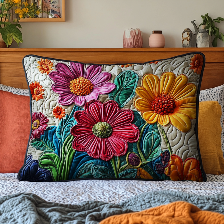 Fleurs éclatantes en relief – Taie d’oreiller matelassée