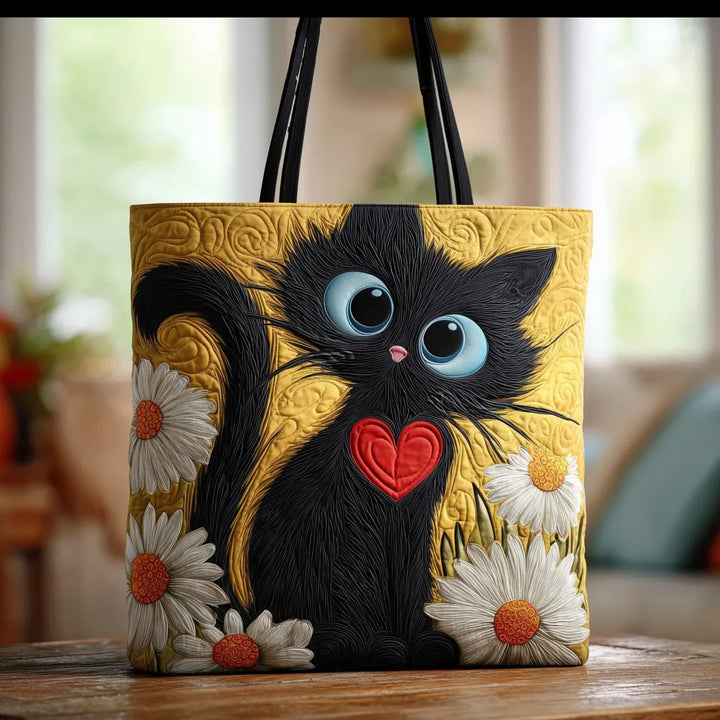 Chat noir aux marguerites – Sac fourre-tout matelassé