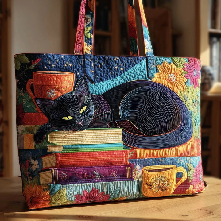 Chat noir, livres et tasses – Sac fourre-tout matelassé