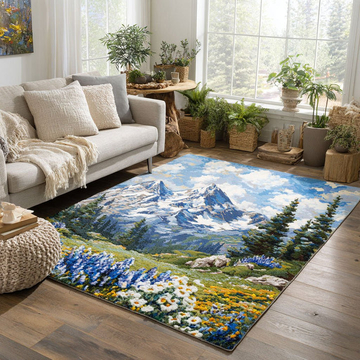 Montagnes enneigées et lupins – Tapis