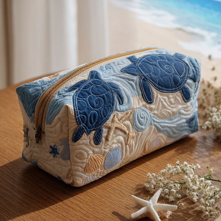 Tortues bleues sur fond crème – Trousse de maquillage matelassée