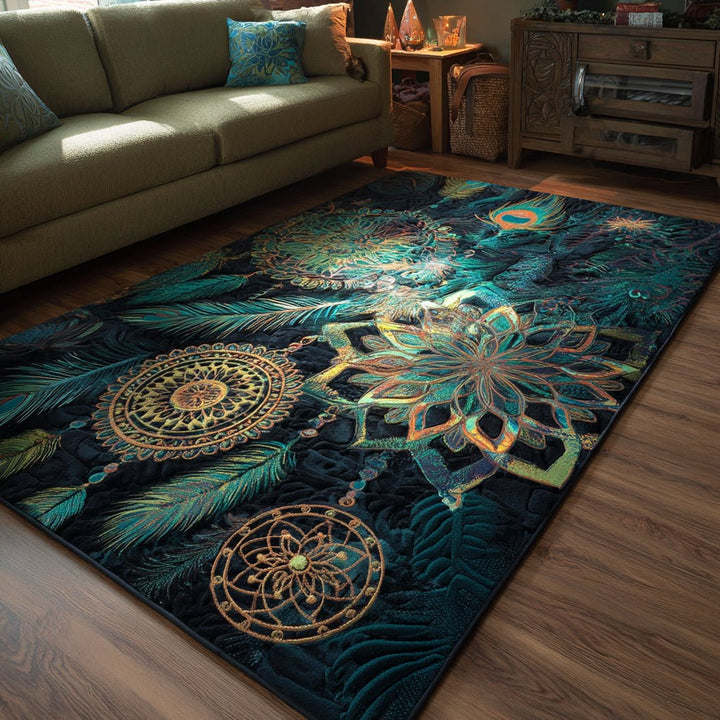Mandalas dorés sur fond émeraude – Tapis