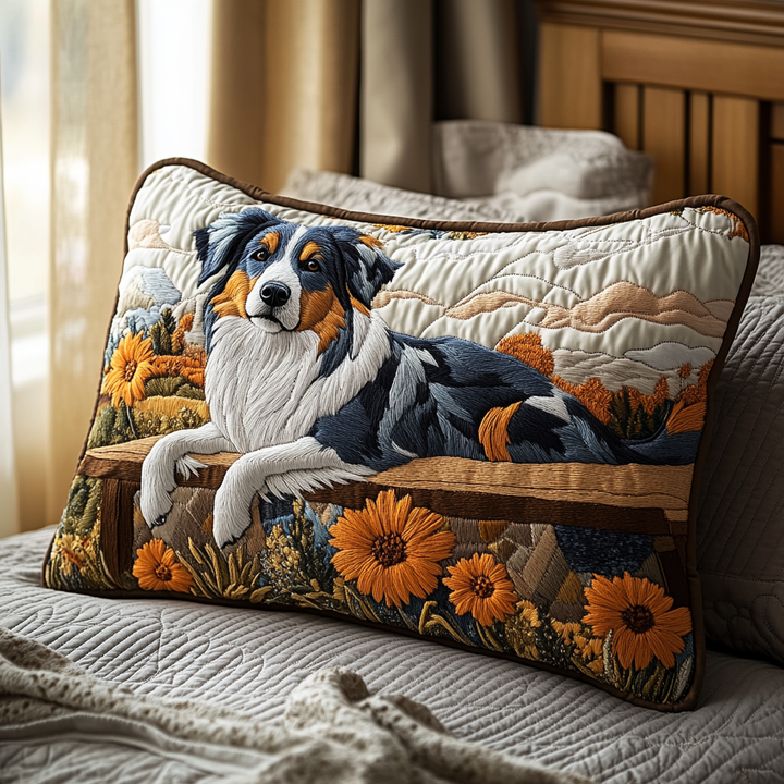 Berger australien et fleurs – Taie d’oreiller matelassée