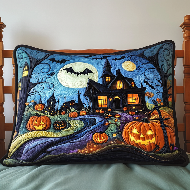 Manoir hanté et citrouilles – Taie d’oreiller matelassée