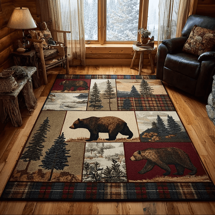 Ours brun et sapins en patchwork – Tapis