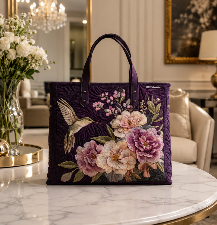 Colibri et orchidées pourpres – Sac fourre-tout matelassé