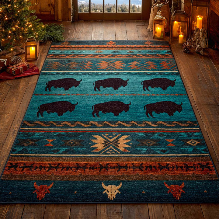 Bisons et motifs turquoise – Tapis
