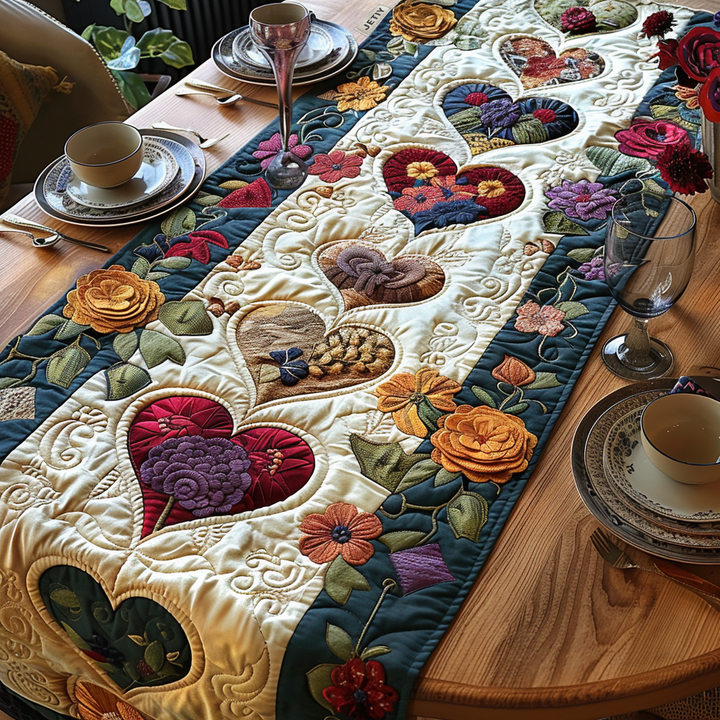 Cœurs et fleurs – Chemin de table matelassé